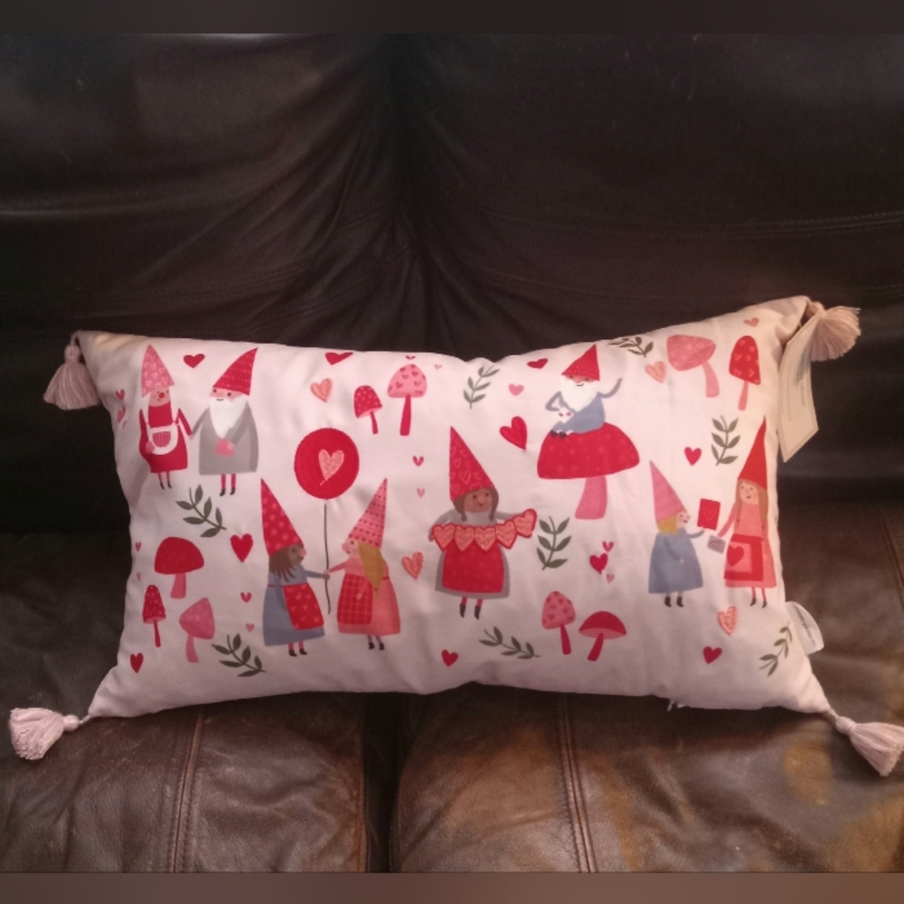 Mushroom gnomes Valentine's day cupcakes and cashmere down filled lumbar pillow